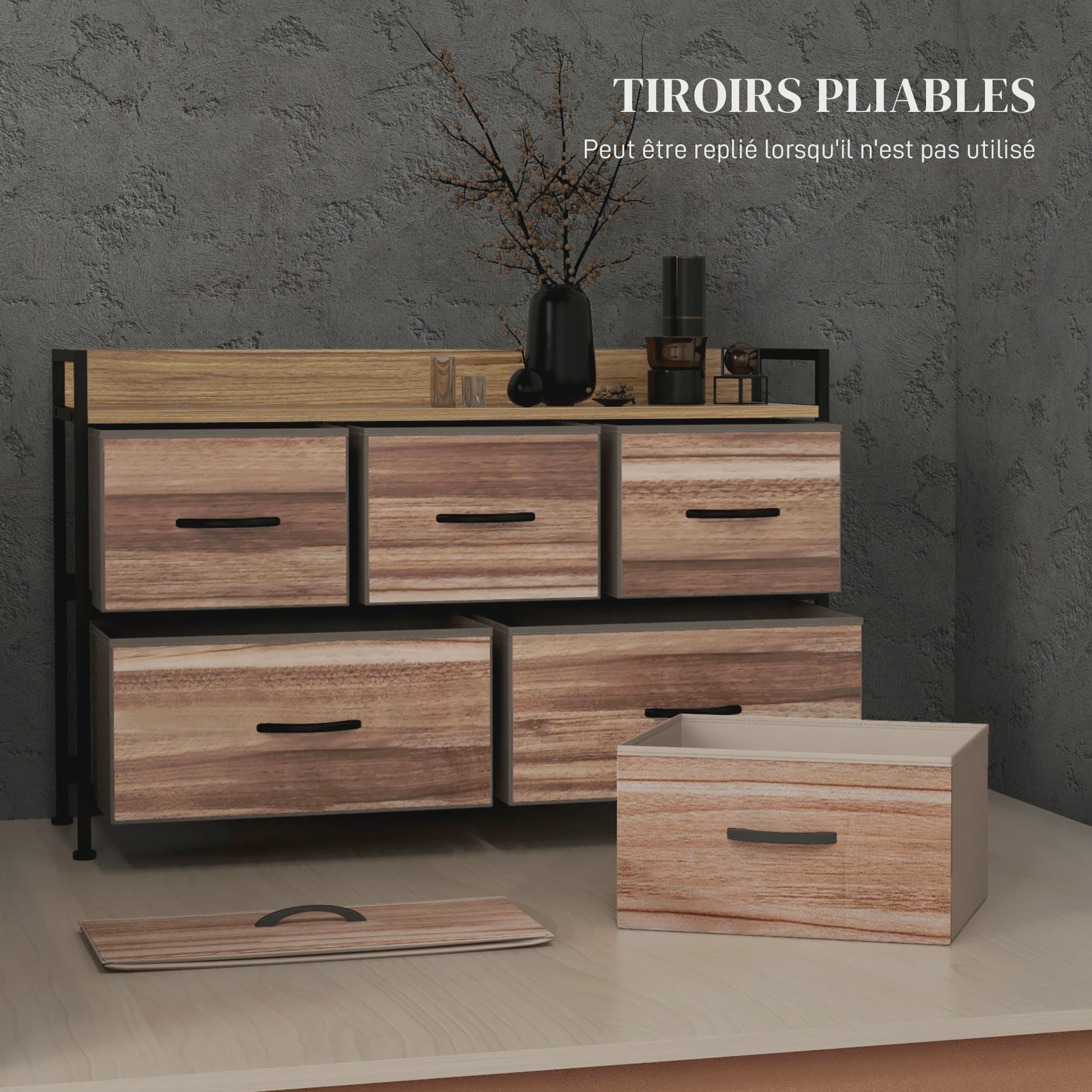 HOMCOM Opbergmeubel met 5 Stoffen Lades - Zwart Stalen Frame - 98x29x63 cm