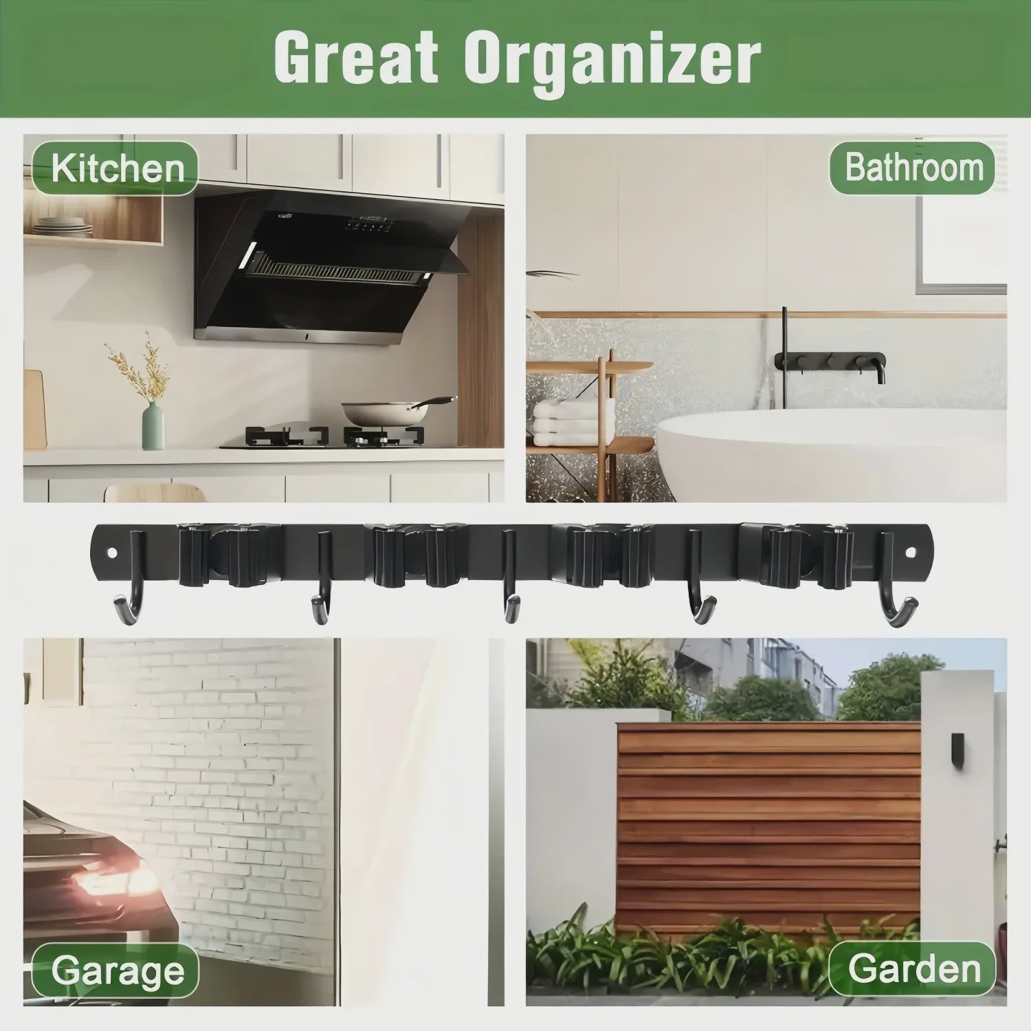 Gereedschapshouder Wandmontage met 4 Sleuven en 5 Haken - Organiseer Garage en Tuin