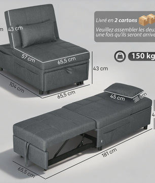 HOMCOM Fauteuil Bed 1-Persoons - Verstelbaar, Grijze Bekleding met Kussen