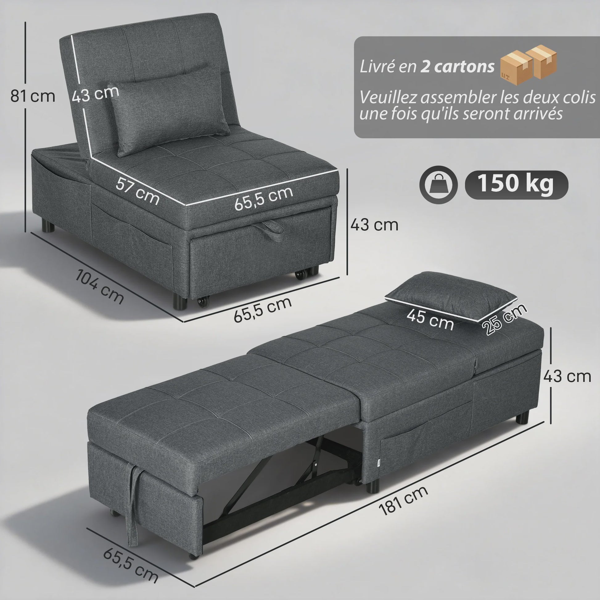 HOMCOM Fauteuil Bed 1-Persoons - Verstelbaar, Grijze Bekleding met Kussen