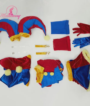 Halloween Clown Dames Kostuum Lingerie Set - Blauw Rood Bodysuit, Rokje, Handschoenen & Hoed