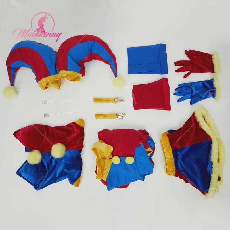 Halloween Clown Dames Kostuum Lingerie Set - Blauw Rood Bodysuit, Rokje, Handschoenen & Hoed