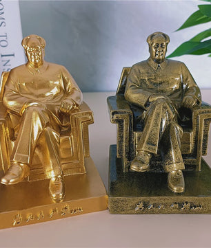 Mao Zedong Zittend Beeld - Antiek Brons & Goudkleurig - President Mao Sculptuur