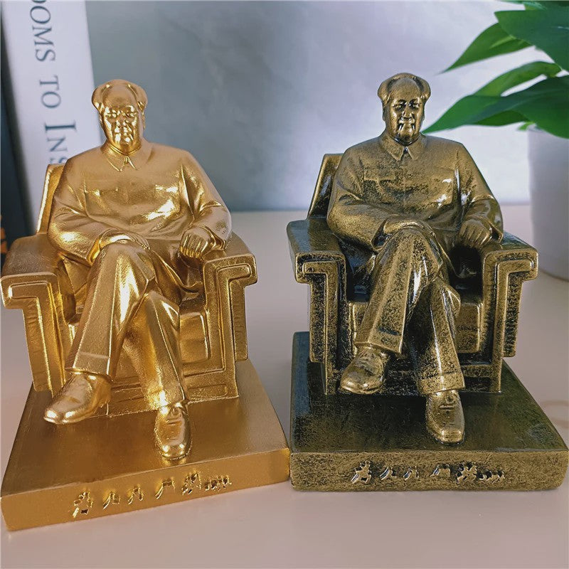 Mao Zedong Zittend Beeld - Antiek Brons & Goudkleurig - President Mao Sculptuur