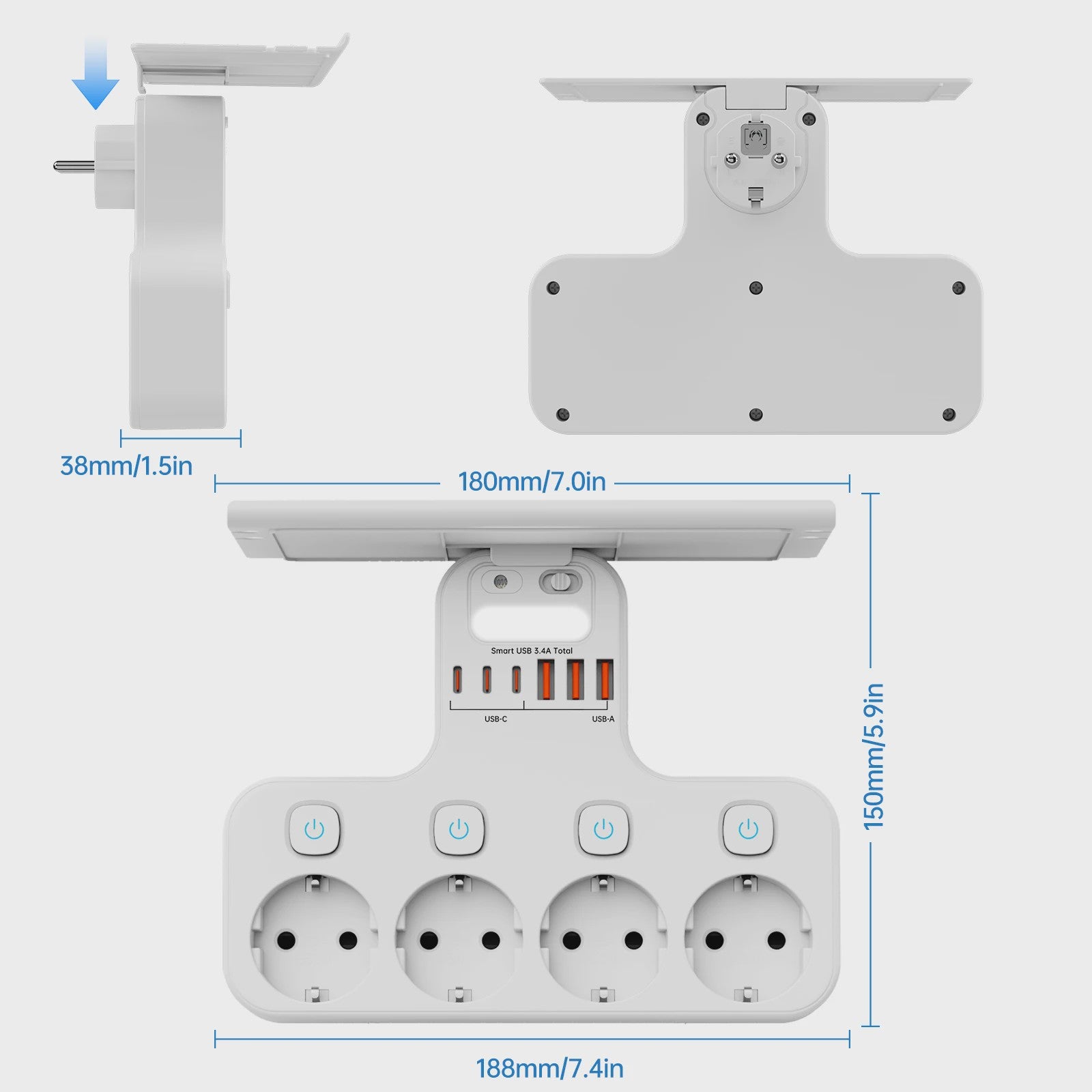 Multifunctionele Stekkerdoos met Telefoonhouder, 4 Stopcontacten en 6 USB-poorten