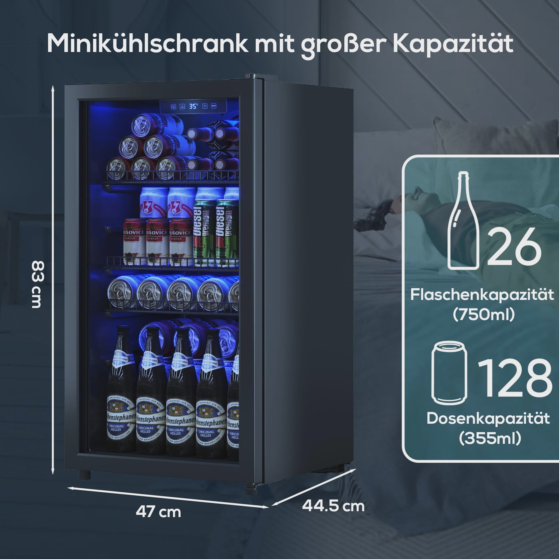 90L Drankenkoelkast met Dubbel Glas, LED Verlichting en 128 Blikjes Capaciteit - Energieklasse C