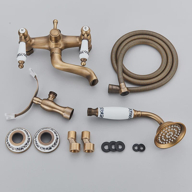 Retro Douchekraan Set met Baduitloop - Antiek Messing & Zwart Brons