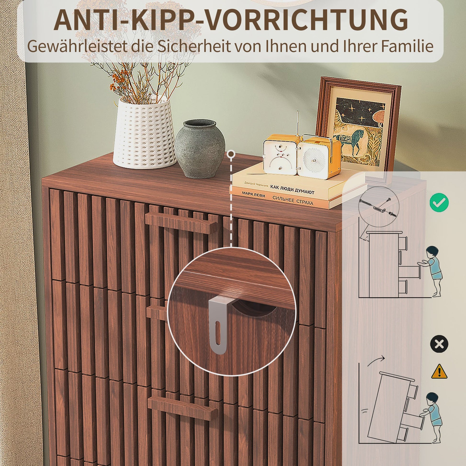 Anajqaqia Commode met 4 Lades - Stijlvolle Houten Opbergkast in Walnootkleur