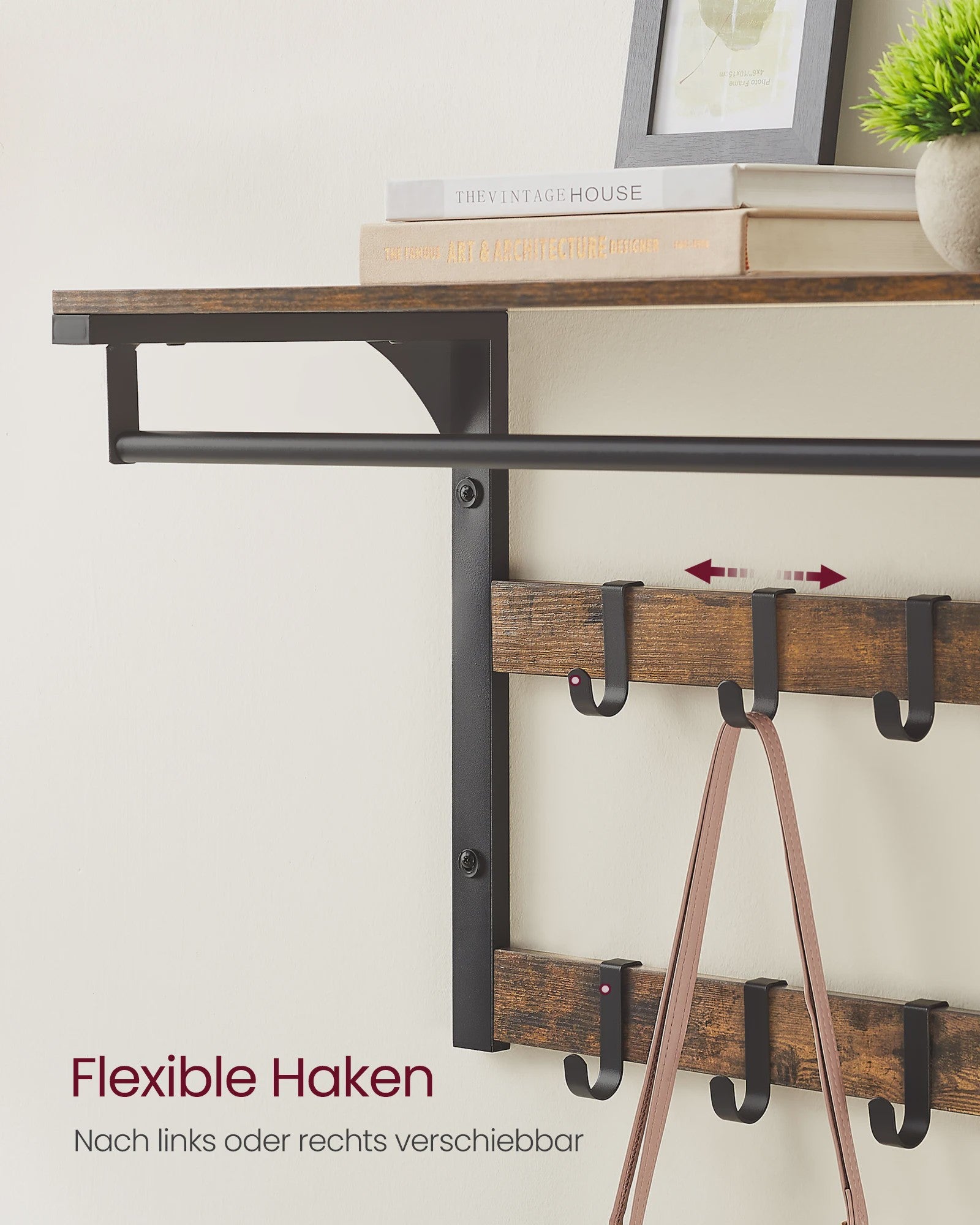 VASAGLE Wandkapstok met Plank en 10 Verstelbare Haken - Industrieel Design