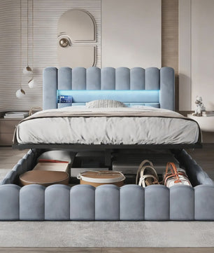 Luxe Gestoffeerd Bed 180x200cm met LED-verlichting, USB & Hydraulische Opbergruimte