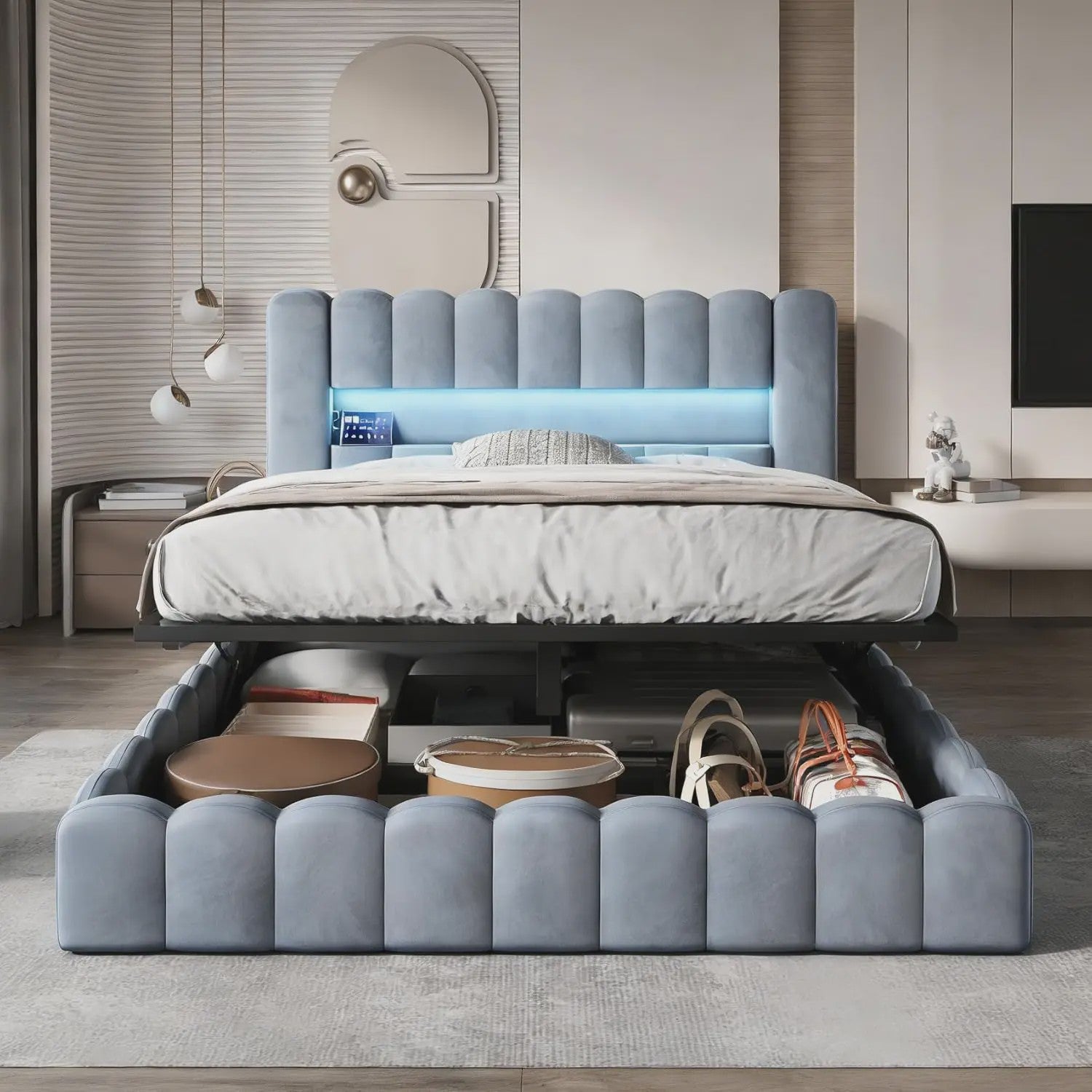 Luxe Gestoffeerd Bed 180x200cm met LED-verlichting, USB & Hydraulische Opbergruimte