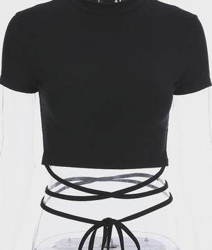 Zwarte Crop Top Dames Zomer 2025 - Sexy Bandage T-shirt met Korte Mouwen
