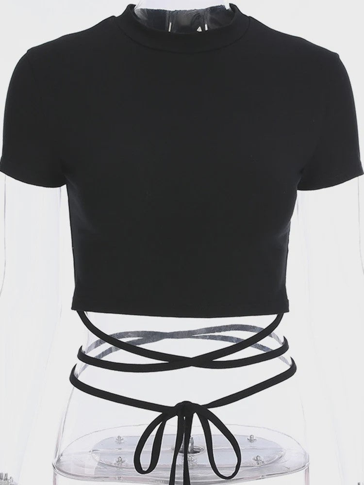 Zwarte Crop Top Dames Zomer 2025 - Sexy Bandage T-shirt met Korte Mouwen
