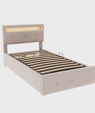 Kinderbed 90x200 cm Beige Velours met LED Verlichting, Hydraulische Opbergruimte en Verstelbaar Hoofdbord