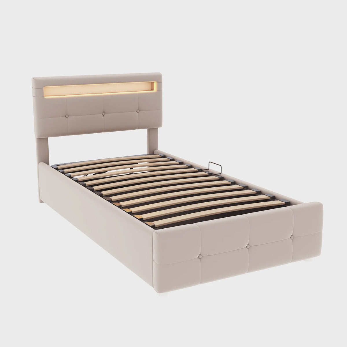 Kinderbed 90x200 cm Beige Velours met LED Verlichting, Hydraulische Opbergruimte en Verstelbaar Hoofdbord