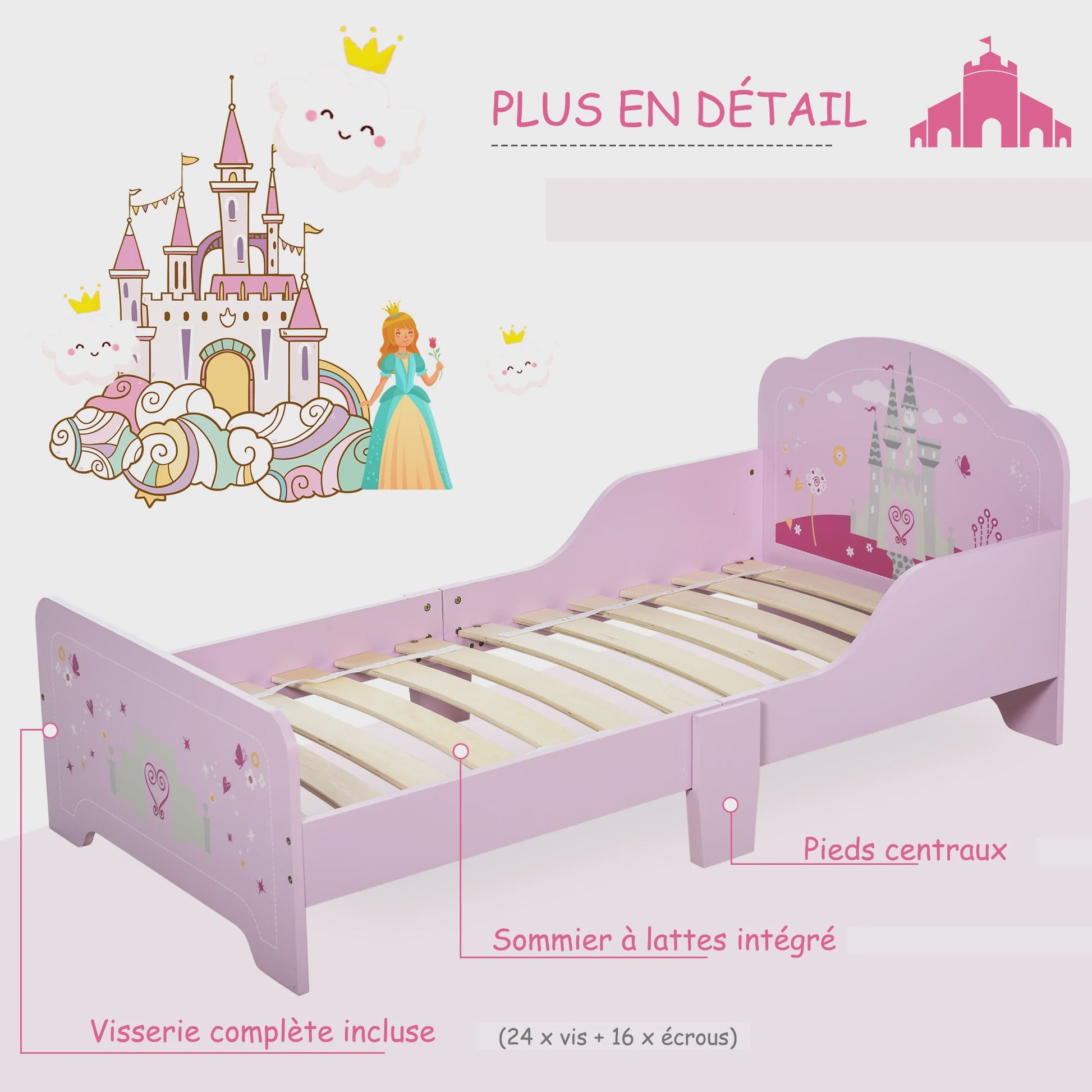 Roze Kinderbed Prinses Kasteel Design 140x70 cm met Lattenbodem - MDF