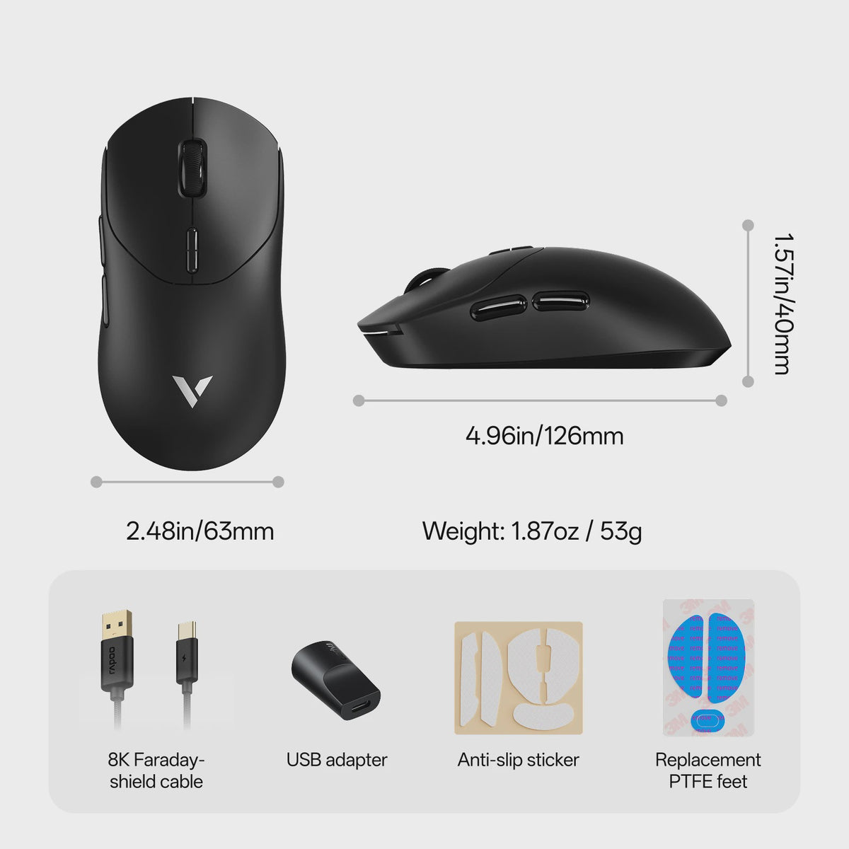 Rapoo VT2 Wireless Gaming Muis - 8K Polling Rate, 26000 DPI, Ultralicht (53g) & Lange Batterijduur