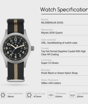 Militado ML05 Herenhorloge 38mm - Vintage Stijl met Miyota Uurwerk & Saffierglas