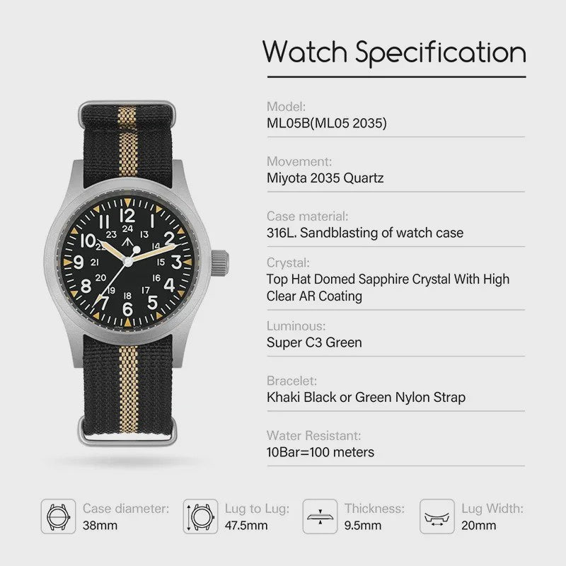 Militado ML05 Herenhorloge 38mm - Vintage Stijl met Miyota Uurwerk & Saffierglas