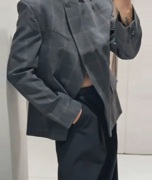 Chique Geruite Blazer Jas met Opstaande Kraag - Dames Casual Chic