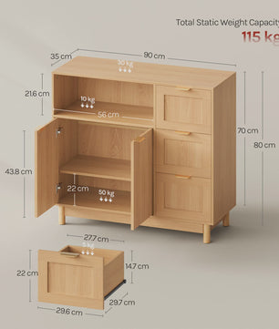Houten Keukenkast met 3 Lades & Verstelbare Plank - Buffetkast / Sideboard 90x80x35cm