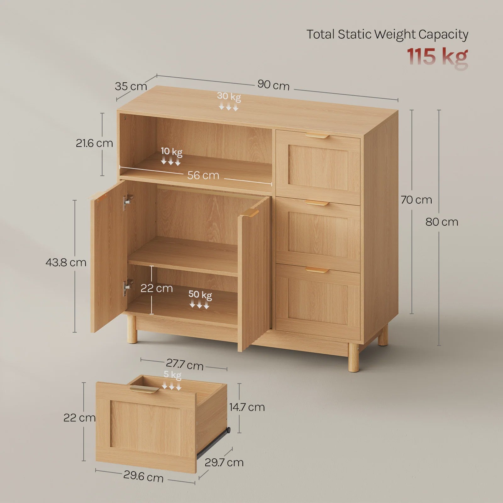 Houten Keukenkast met 3 Lades & Verstelbare Plank - Buffetkast / Sideboard 90x80x35cm