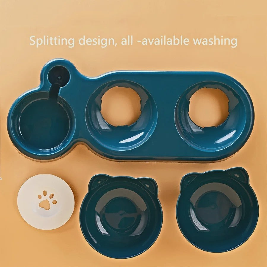 3-in-1 Kattenvoerbak met Waterdispenser en Nekbescherming - Schuin Ontwerp