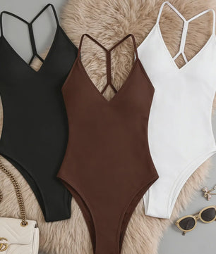 3-Pack Dames Bodysuit met V-hals en Gekruiste Bandjes op de Rug