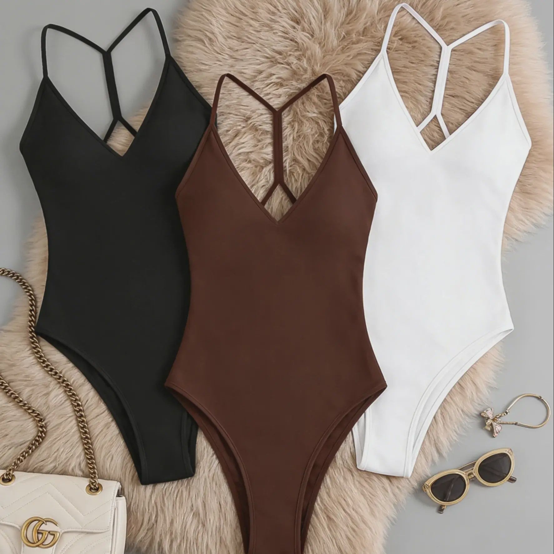 3-Pack Dames Bodysuit met V-hals en Gekruiste Bandjes op de Rug