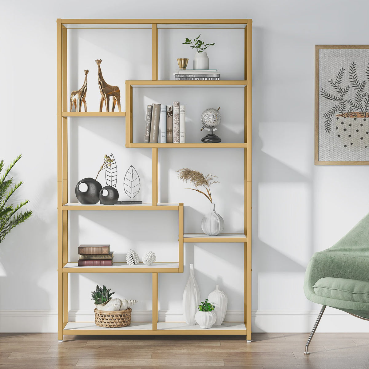Moderne Gouden Boekenkast met 5 Niveaus - Stijlvolle Open Opbergrek