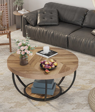 Industriële Ronde Salontafel 80cm met 2 Lagen Opslag - Modern Hout & Metaal