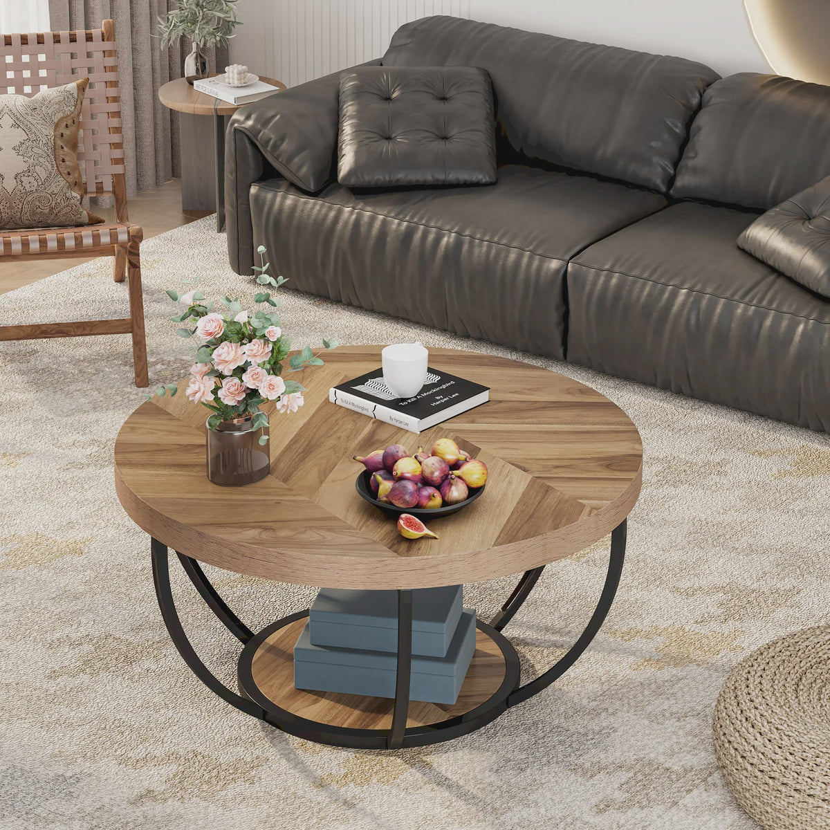 Industriële Ronde Salontafel 80cm met 2 Lagen Opslag - Modern Hout & Metaal