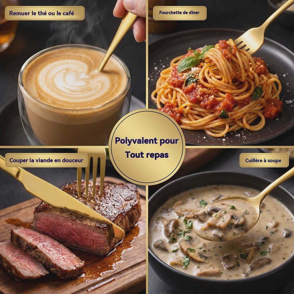 24-delige Goudkleurige RVS Bestekset - Portugees Design, Steakmessen & Dessertlepels