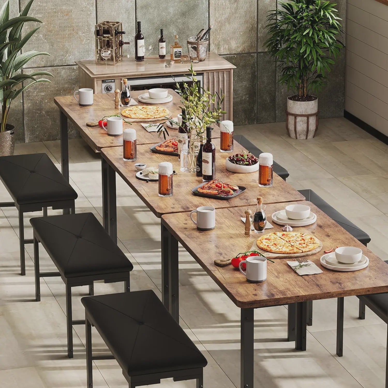 Compacte Eetkamer Set: Tafel met 2 Gestoffeerde Bankjes voor 4 Personen