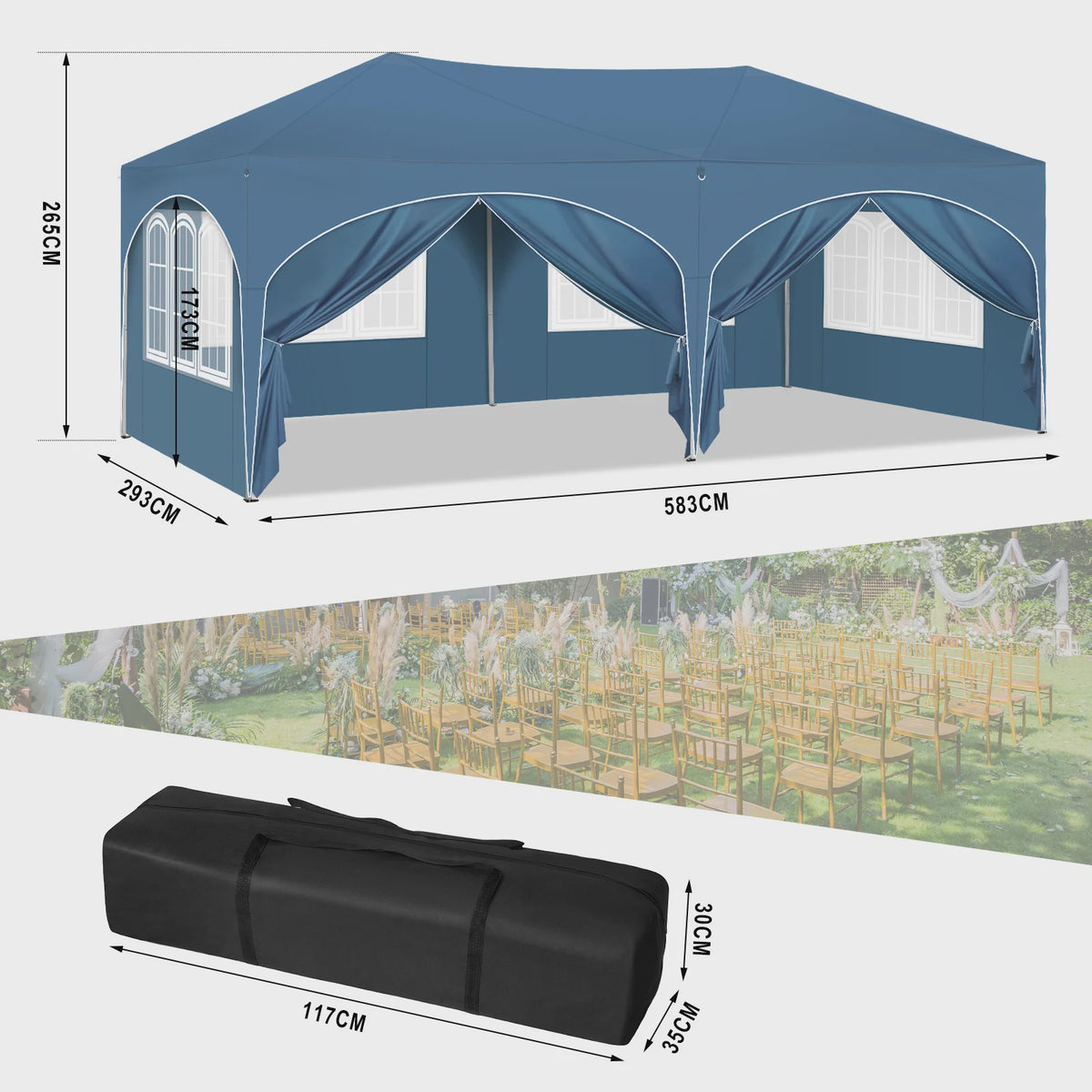 Inklapbaar Paviljoen 3x6m met 6 Zijwanden - Waterdicht, UV-bescherming & Draagtas