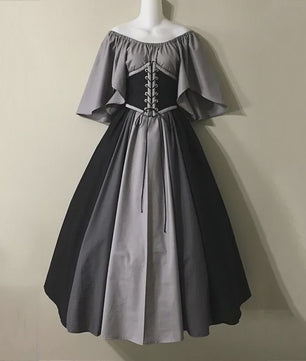Middeleeuwse Retro Jurk met Contrastkleuren en Off-Shoulder Halslijn