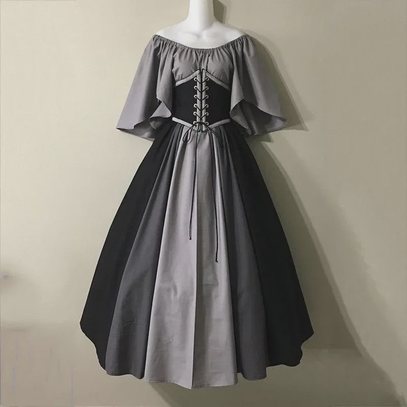 Middeleeuwse Retro Jurk met Contrastkleuren en Off-Shoulder Halslijn