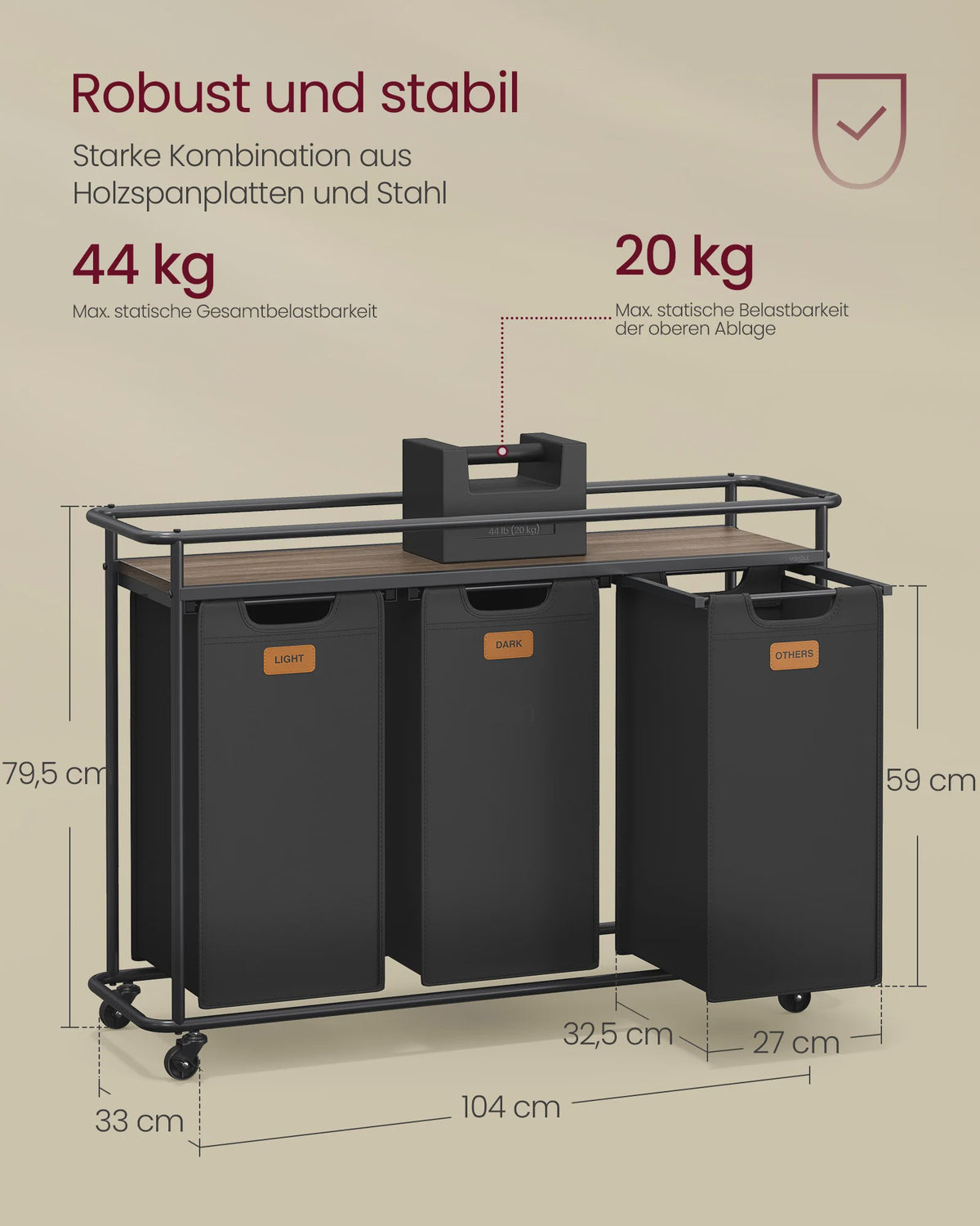 VASAGLE Wasmand met 3 Vakken en Wielen - 150L Sorteerder met Plank - Zwartbruin