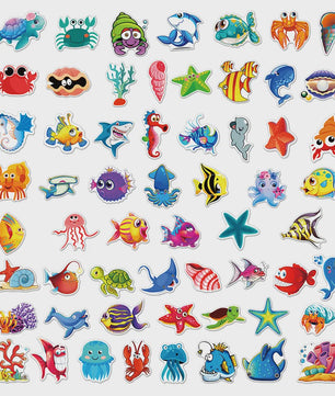 50x Schattige Zeedieren Cartoon Stickers - Oceaan Wereld, Koraal & Kwallen Decoratie voor Laptop & Dagboek
