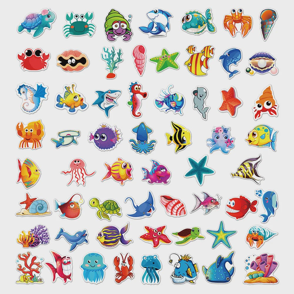 50x Schattige Zeedieren Cartoon Stickers - Oceaan Wereld, Koraal & Kwallen Decoratie voor Laptop & Dagboek