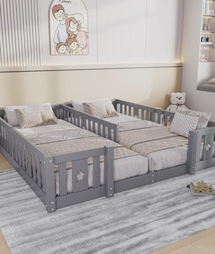 Houten Kinder Vloerbed 90x200cm met Zijhek - Veilig en Sfeervol Slapen voor 2 Kinderen
