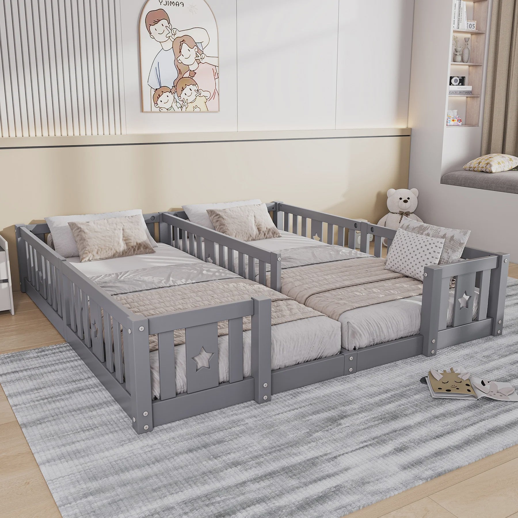 Houten Kinder Vloerbed 90x200cm met Zijhek - Veilig en Sfeervol Slapen voor 2 Kinderen