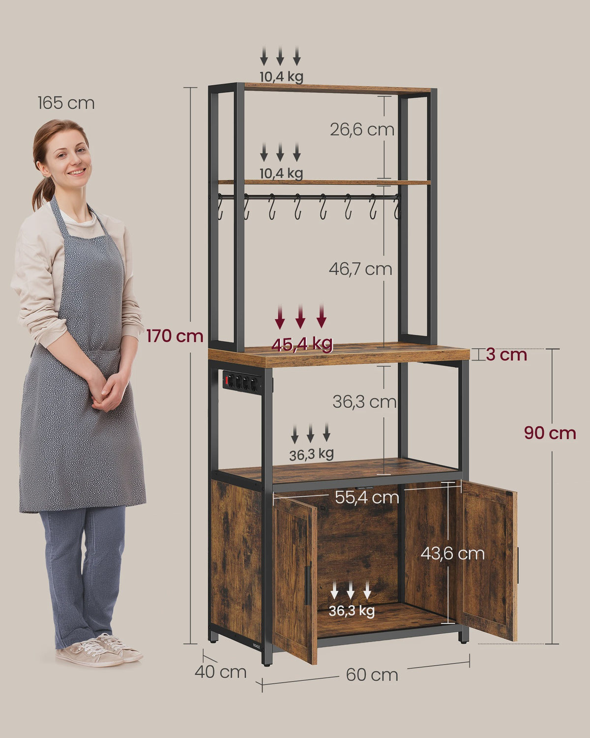 Keukenrek met Werkblad, 8 Haken en Stopcontacten - Vintage Mat Zwart