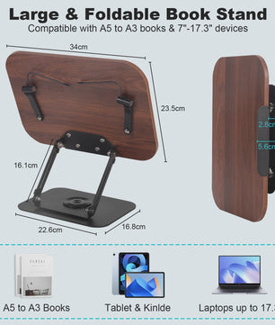 Verstelbare Boekenstandaard met 360° Draaibare Voet & Page Clips - Ideaal voor Lezen, Koken, Laptop & Tablet