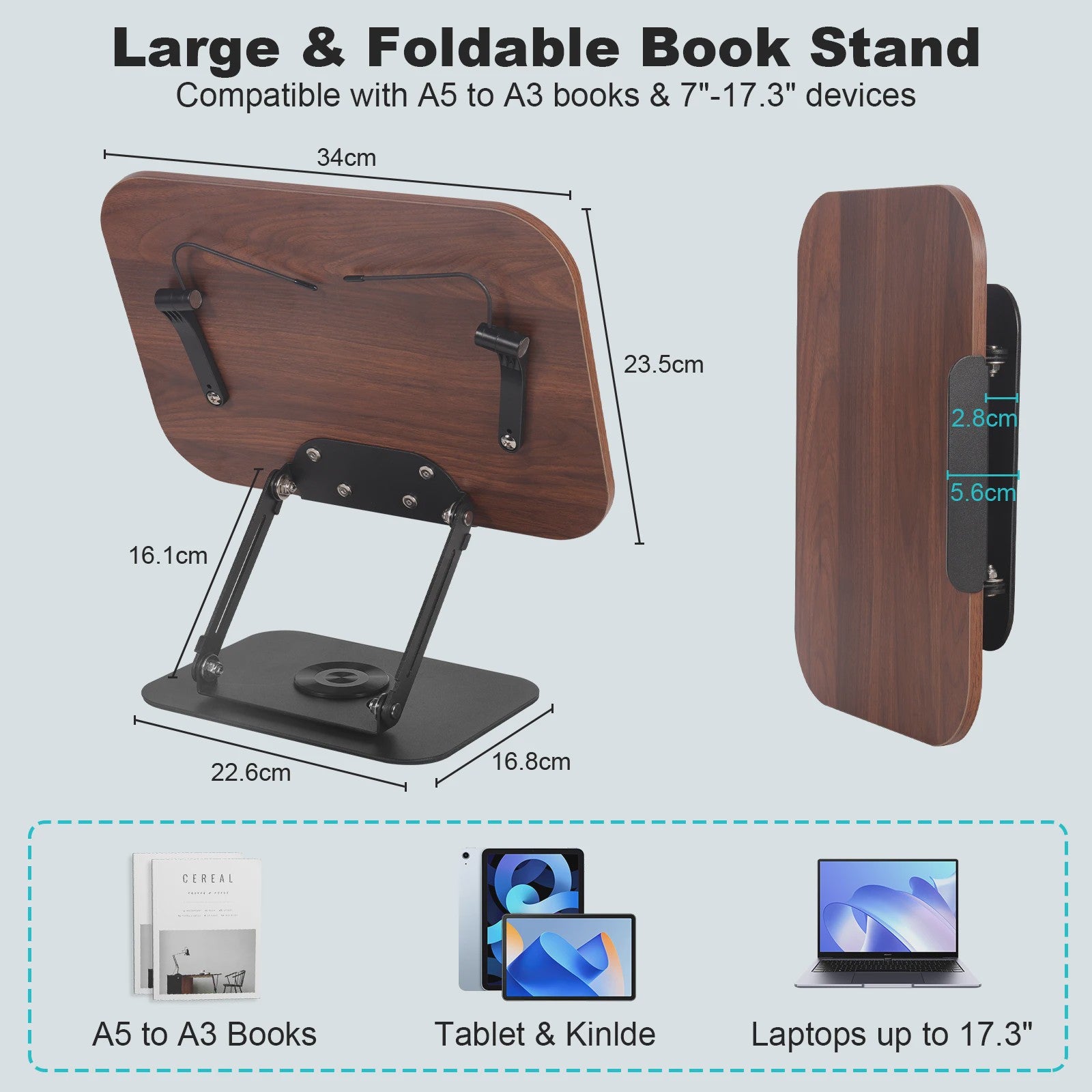 Verstelbare Boekenstandaard met 360° Draaibare Voet & Page Clips - Ideaal voor Lezen, Koken, Laptop & Tablet