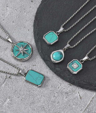 Vnox Heren Turquoise Hanger Ketting - RVS Boxketting, Vintage Stijl