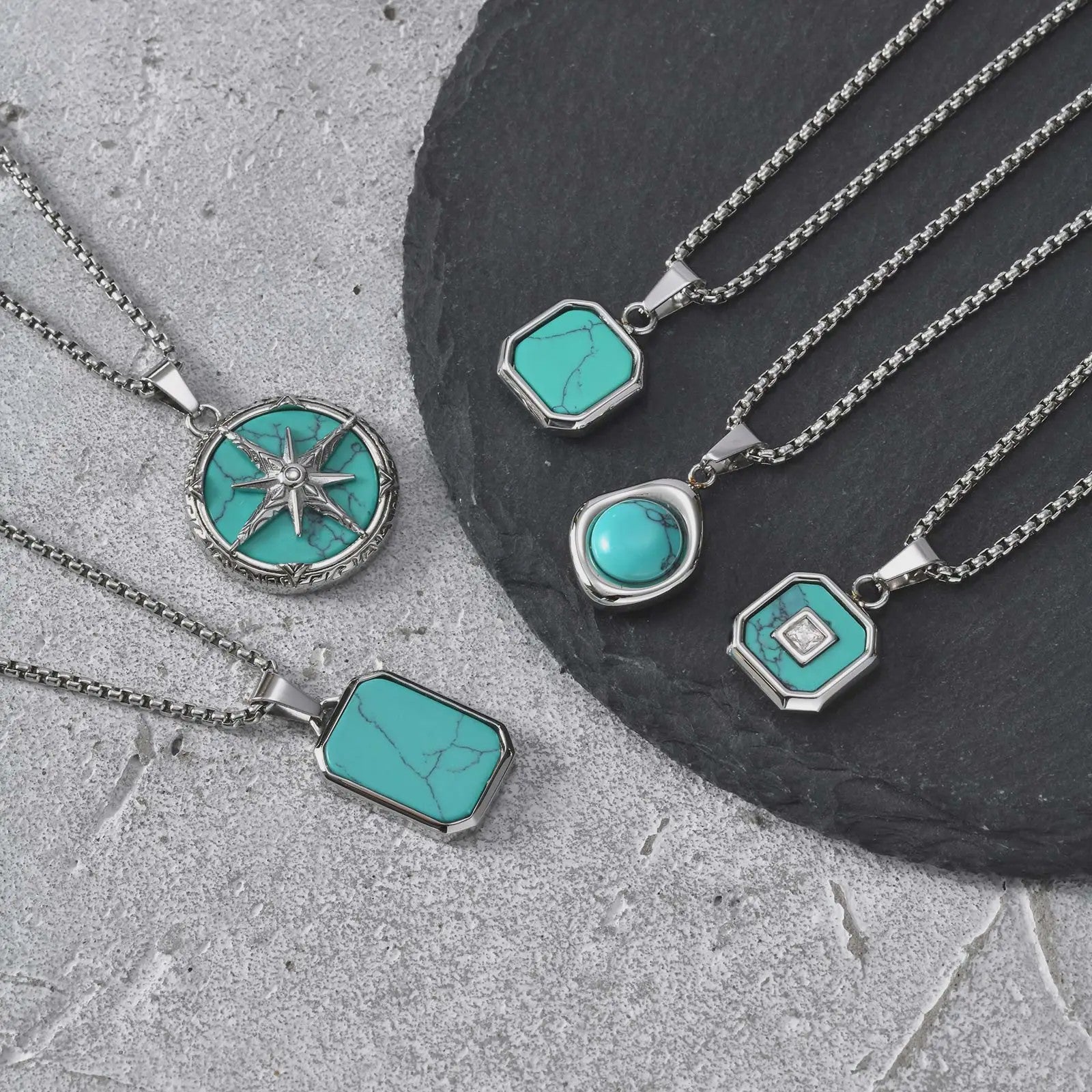 Vnox Heren Turquoise Hanger Ketting - RVS Boxketting, Vintage Stijl