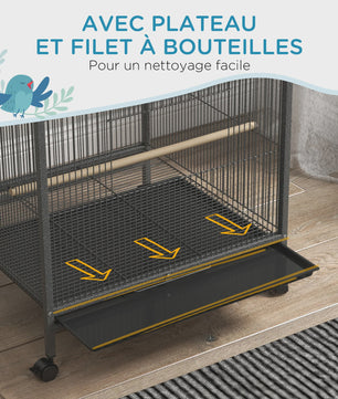 PawHut Vogelkooi op wielen met schommel, zitstokken en lade - Zwart Staal, 48x46x78 cm