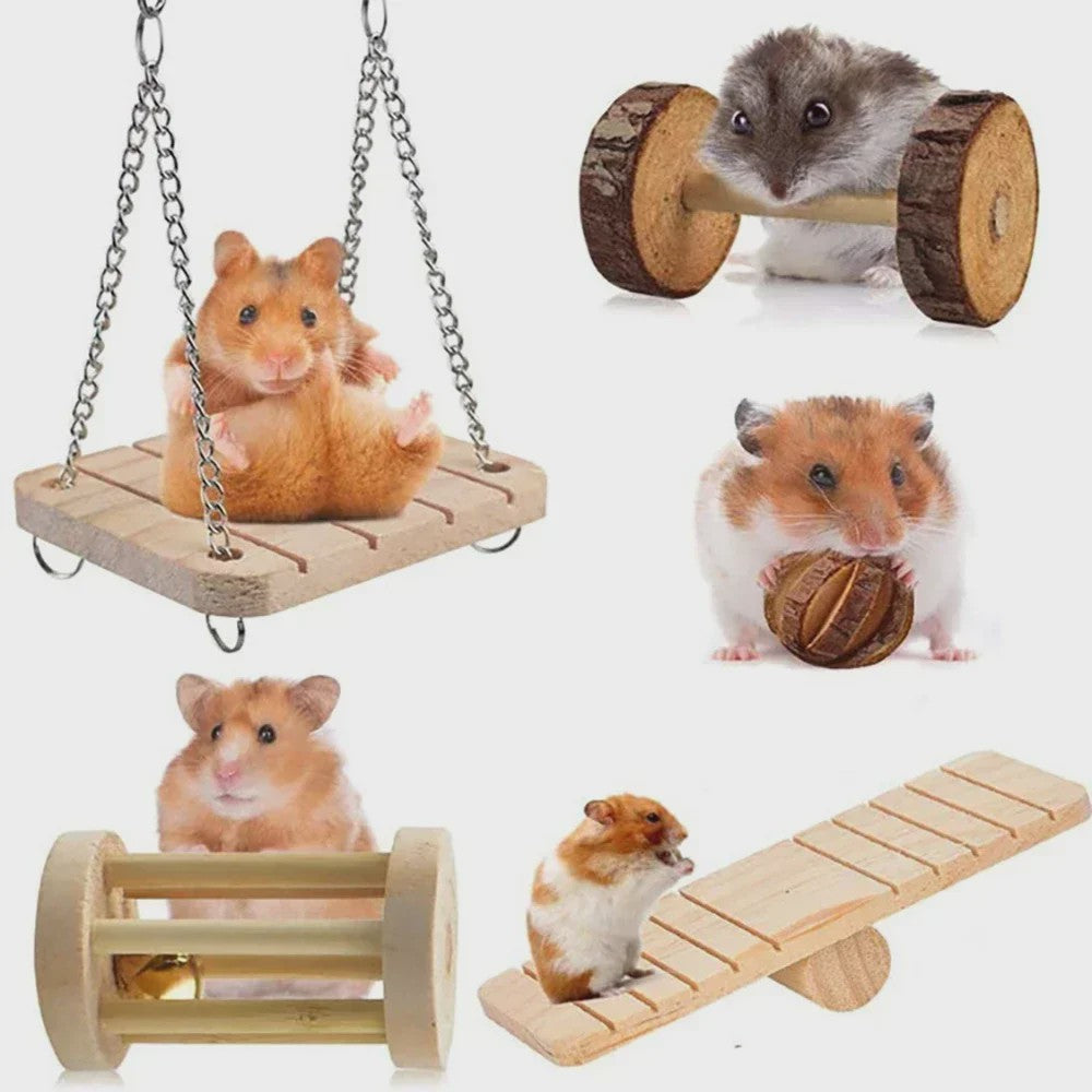 Houten Knaagdier Speelgoed Set: Kauwspeeltjes & Tandverzorging voor Konijn, Cavia, Rat