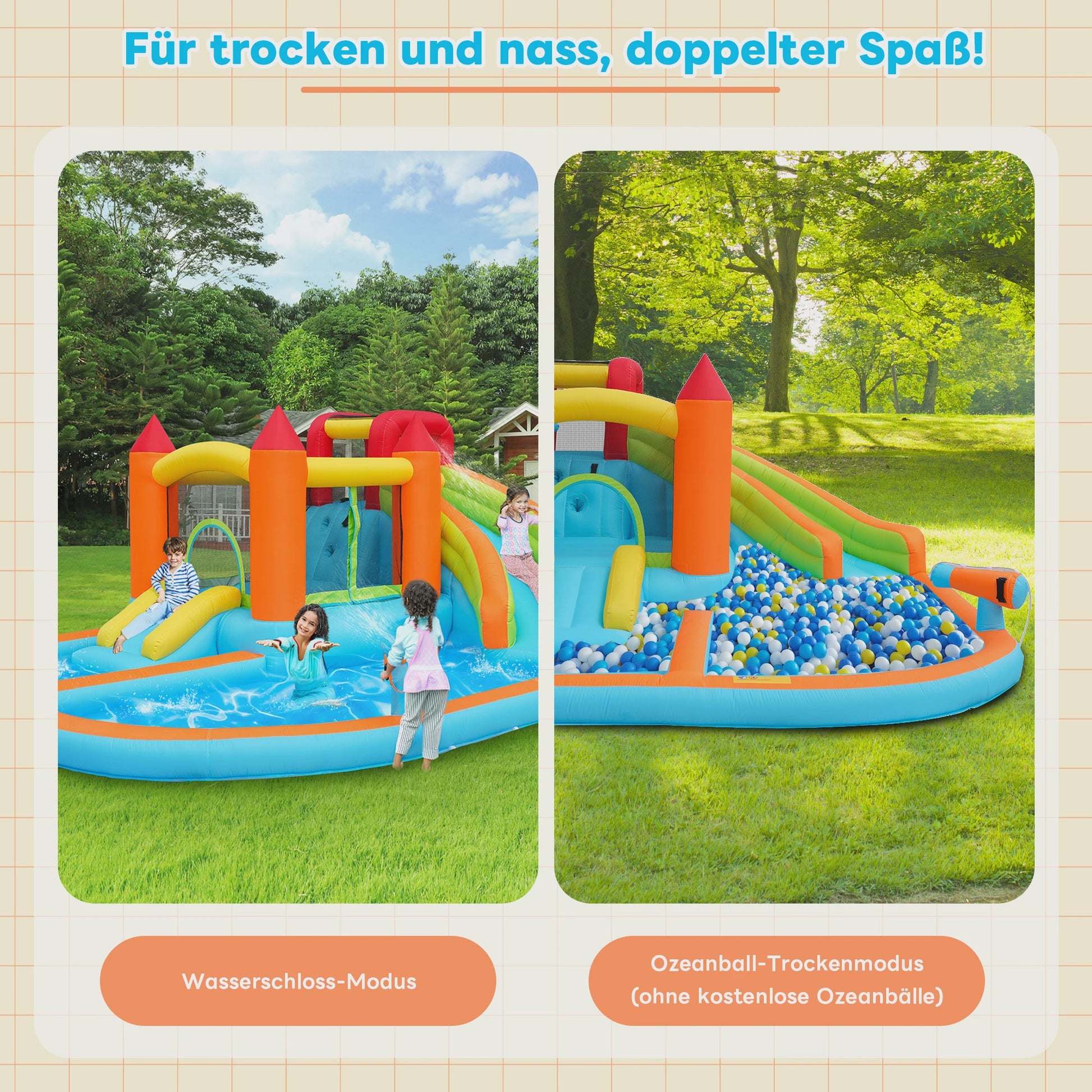 Opblaasbaar Kasteel met Waterbaan, Glijbaan, Trampoline & Waterkanon
